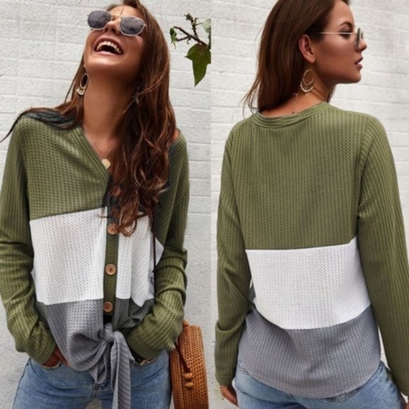 Cozy Button up Waffle Front Tie Top - Picture 6 of 9